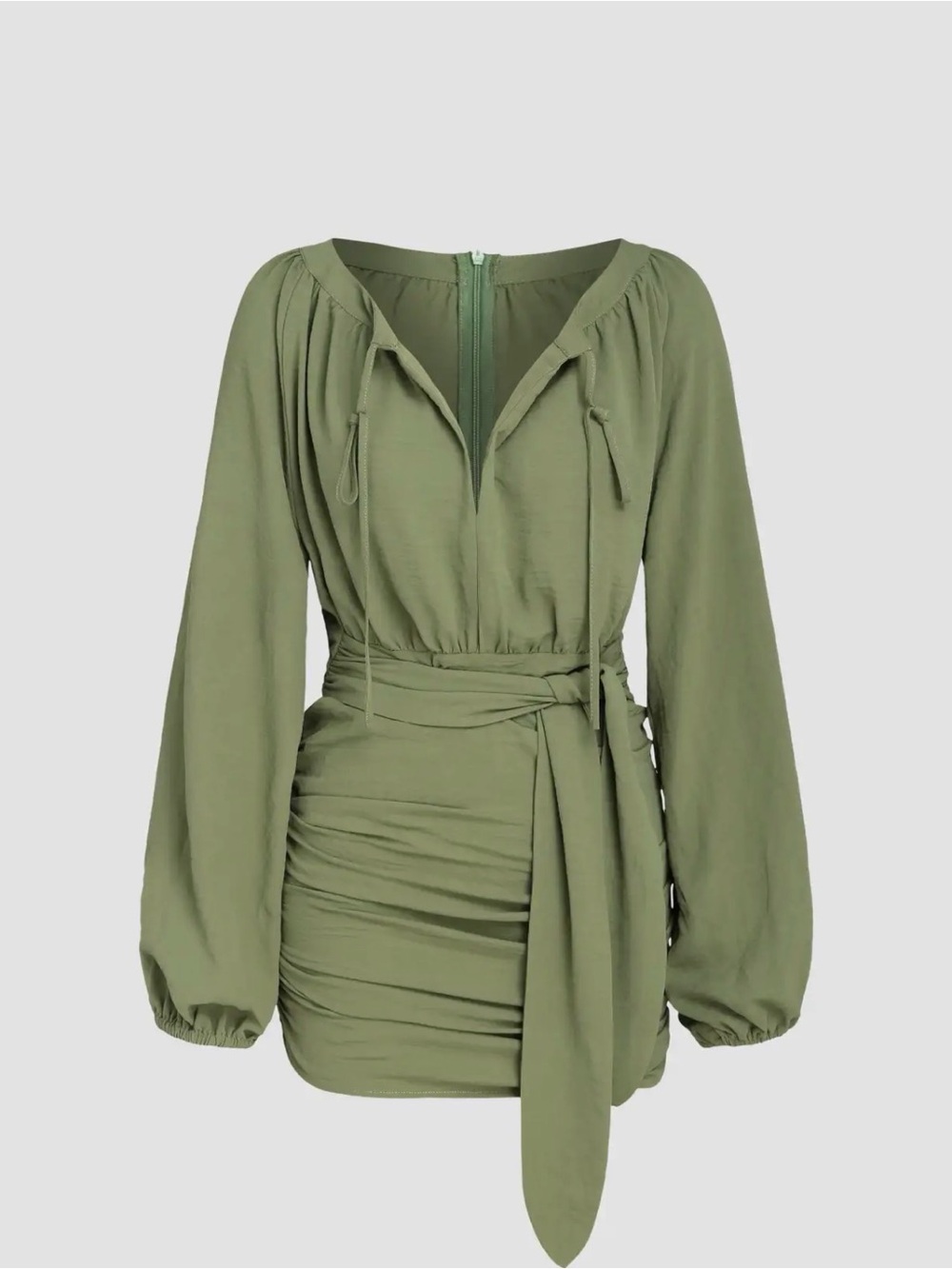 Cider Olive Green Wrap Ruched Mini Dress